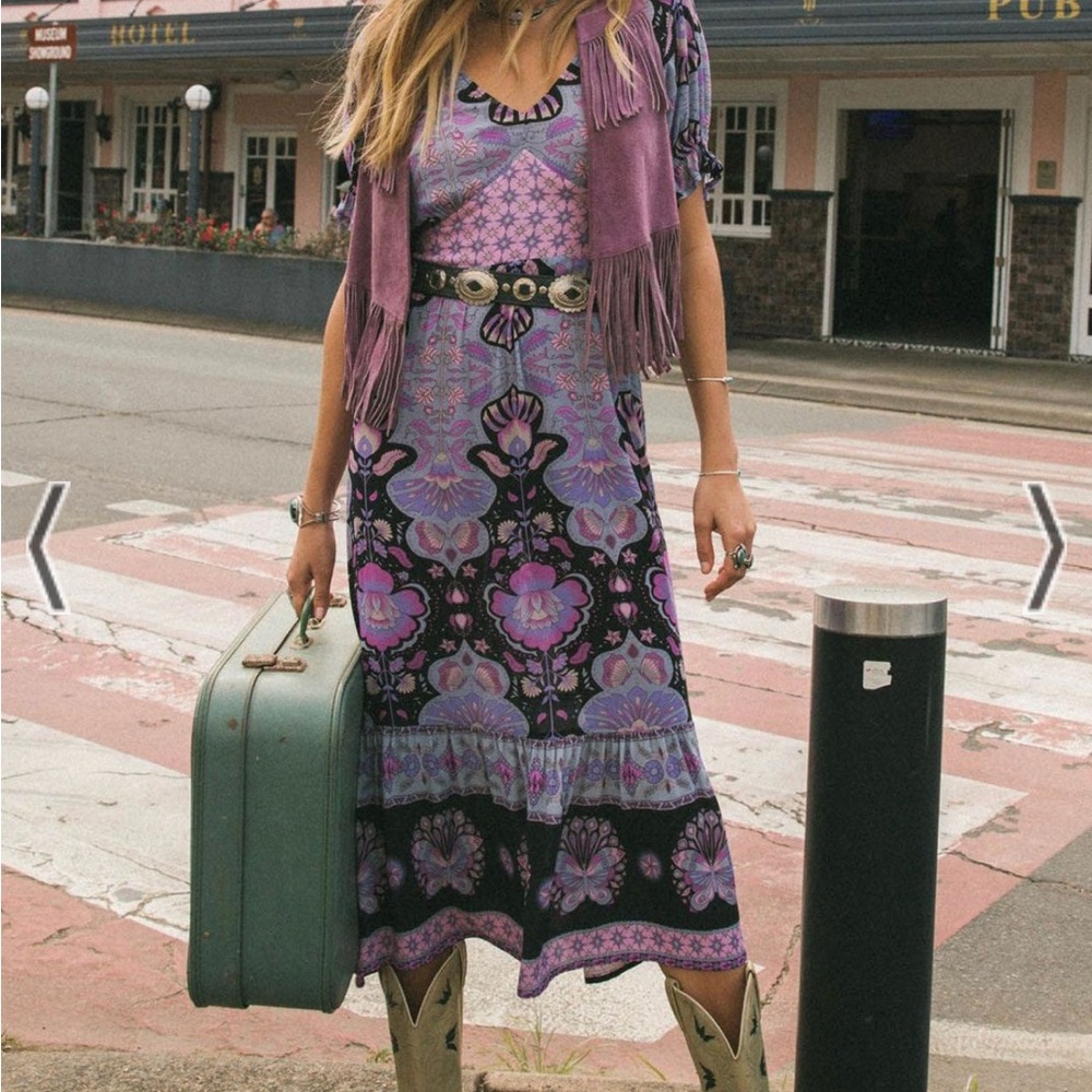 Nine Lives Bazaar Saloon Midi Dress - Dusk Purple Black